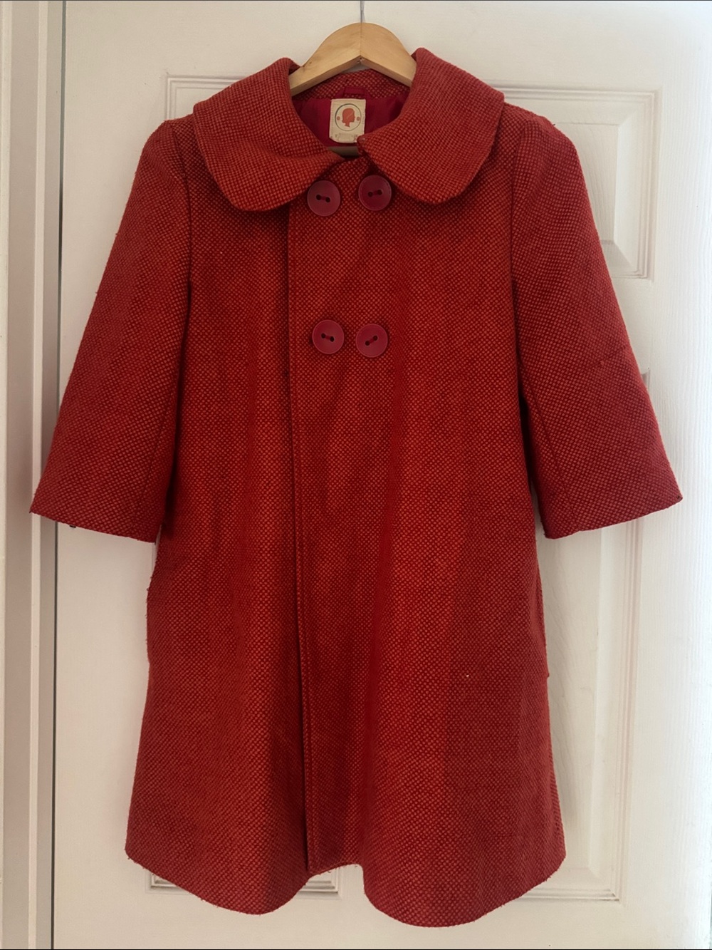 Tulle Women’s Red Textured Wool Blend Coat - Retro Double-Breasted Style